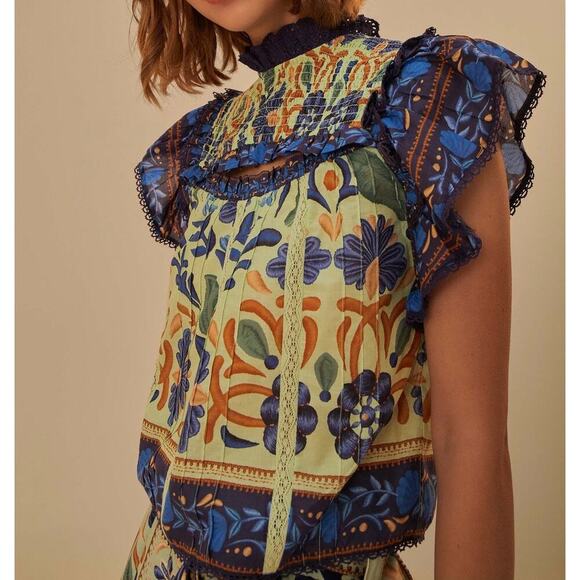 FARM Rio Tops - Farm Rio | Green Ocean Tapestry Lace Blouse